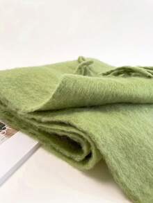 1pc Women's Fluffy Long Winter Scarf, Warm Neck Wrap, Black Oversized Thick Fringed Shawl/Blanket Scarf, Thick Knitted Fringed Shawl, Red Scarf, Solid Color Scarf - HM05-bean Paste Green - View 7