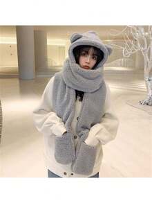 Plush Bear Ear Beanie Scarf Set, Cute Knitted Winter Hat For Women, Warm Thermal Lined Fall Valentines Gift,Beach,Travel - Multicolor - View 13