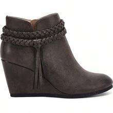 Womens Wedge Ankle Boots Braided Fringe Strap Western Heeled Fall Booties Dress Shoes - 1-xám - Xem 4
