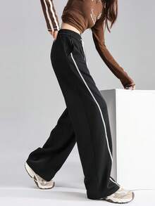 JUTU 女士拼接白色滚边休闲裤，宽松直筒裤型，适合春、秋、冬、夏季穿着 - 1A57黑色 - 查看 1