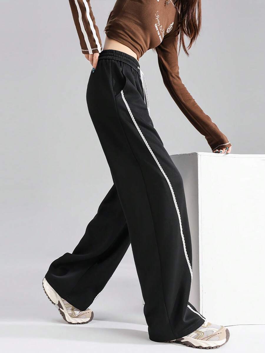 JUTU 女士拼接白色滚边休闲裤，宽松直筒裤型，适合春、秋、冬、夏季穿着 - 1A57黑色 - 查看 1