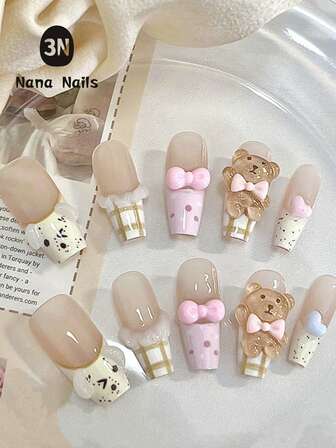 10片长棺材钉卡通可爱主题美甲棕熊、粉色蝴蝶结、浪漫法式侧面图形设计手指甲假指甲片可拆卸重复使用，适合女士、女孩在舞台、舞会、派对场景使用，含1片果冻卷1片