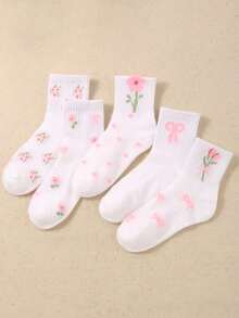 5 Pairs Random White Pink Bow Tie Polka Dot Floral Flowers Girls Socks, Back To School Supplies Children Running Sports Holiday Dresser Travel Essentials, Soft Breathable Toddler Kids Socks For Daily Wear & Gifts, Ideal For Christmas Halloween Decorations