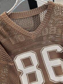 Plus Size Women's Summer Couple Matching Plus Size Loose Sweatshirt, Numeric Print Casual Relaxed Style Outerwear, Elegant Sheer Knit Top Spring - Coffee Brown - View 5