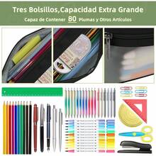 Estuche para Lápices de Gran Capacidad para Usoúltiple,Estuche para Lápices con 3 Compartimientos Tela Oxford Organizador de Papelería para el Trabajo de Oficina Escolar Negro Verde Gris - Verde - Ver 5