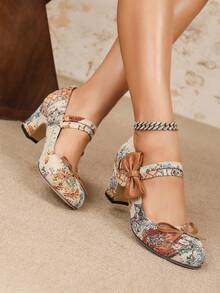 Women's Mary Jane Shoes, Elegant Fashion Round Toe Chunky Heel Slip-On Butterfly Decor Floral Print Brown High Heels, Closure For Easy Wear, Suitable For Party/Wedding/Christmas/Work Commute/Business Etiquette/Latin Dance/Ballet/Halloween, Brown Floral Print Contrast Color Shoes (With Cat Pattern)