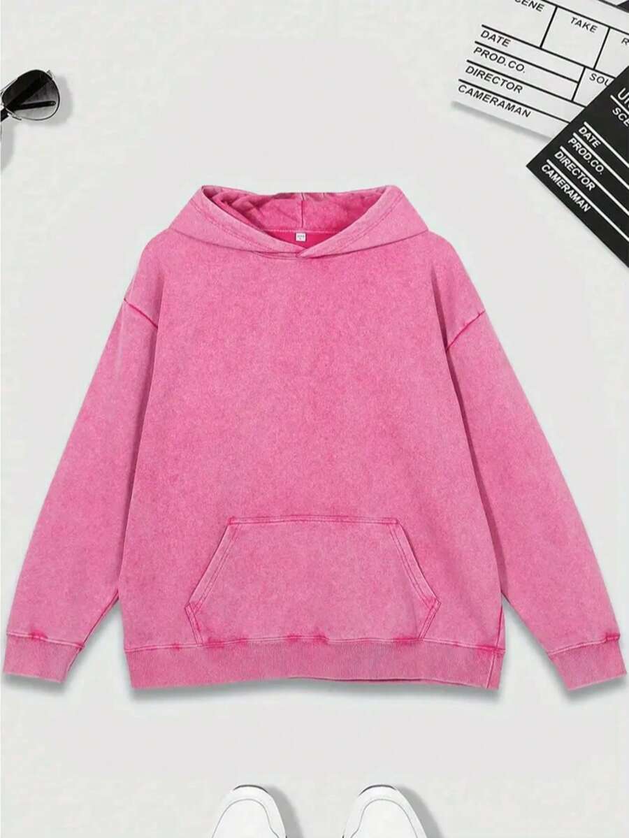 400G Heavyweight Washed Hoodie - Minimalist Solid Color - Streetwear Essential Versatile Daily Wear - 玫紅色 - 查看 1