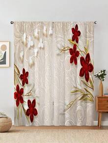 2pcs Red Flower Printed Window Curtain,Without Holes Curtain, Refer To Bedroom Office Kitchen Living Room Study Home Decor - Multicolor - View 9
