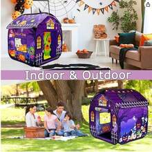 Carpa de juego para niños y niñas, con techo y cortina de puerta, carpa de juego emergente para Halloween para niños pequeños, para uso en interiores y exteriores, plegable, portátil, color morado y adecuada para niños de 3 a 6 años