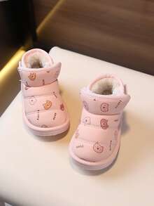 1 Pair Kids Cartoon Pattern Synthetic Leather Warm Hook And Loop Low-Top Flat Cute Children Winter Shoes, Suitable For Autumn/Winter Daily Wear, Playing And Outings