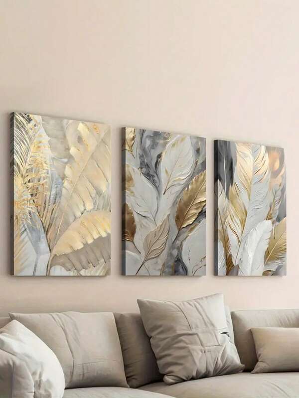 3 PiecesCanvas Art And Poster Set Ready To Hang, Luxury Gold-Leaf Plant-Inspired Home Decor Wall Art, Room Decor, Mural High-Definition Printing Holiday Gift Suitable For Living Room, Bedroom, Dining Room, And Office Decorative Framed Art