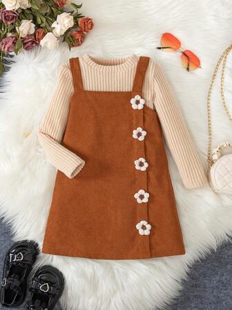 女童灯芯绒吊带连衣裙和长袖针织毛衣两件套，可爱舒适，适合室内外穿着，秋冬