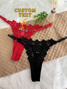 1pc Personalized Name Customized Crystal Letter Decor Sexy Embroidery Bikini Panty, T-Back Floral Panty, Custom Made G-String Underwear, Gift For Girlfriend, Wife, Best Friend For Valentine's Day, Christmas, Halloween, Thanksgiving, Birthday, Anniversary - Multicolor - View 4