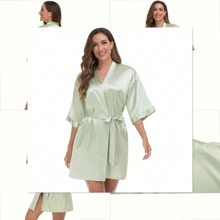 VOGUEMAX Women's Short Kimono Robe Silky Satin Bathrobe Bride Bridesmaids Getting Ready Sleepwear Soft Nightgown - 鼠尾草綠 - 查看 1