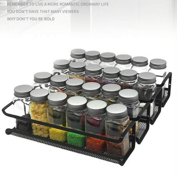 Suporte de temperos de parede em ferro preto com potes, organizador de cozinha adesivo sem furadeiras para bancada, prateleira adesiva para armazenamento de temperos, frascos de óleo, design elegante em malha preta, decoração para casa, armazenamento para festas e Natal