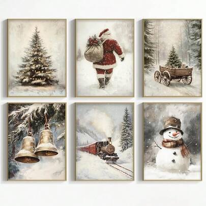 1 pezzo, Quadro su tela, Decorazioni natalizie, Ornamenti natalizi incorniciati, Opera d'arte da parete con paesaggio invernale nevoso, Babbo Natale, Decorazioni natalizie in stile fattoria, Decorazioni natalizie vintage, Pupazzo di neve natalizio, Albero di Natale, Treno natalizio, Decorazioni natalizie per la stanza, Decorazioni per il soggiorno