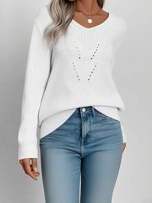 Womens Plus Size Knit Tops Fall Long Sleeve V Neck Solid Color Back Lace Patchwork Bow Decor Pullover Sweater - Blanco - Ver 3