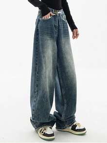 Women's Y2k Baggy Jeans High Waist  Wide Leg Jeans Casual Loose Boyfriends Trousers Vintage Grunge Streetwear, Fall And Winter Denim Pant For Women - 復古藍 - 查看 2