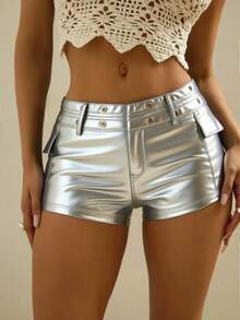 Women's Silver High Waist Eyelet Metal Decor Fashion PU Summer Elastic Tight Shorts, Suitable For Nightclub Parties, Daily Outfits, Concert Music Festival