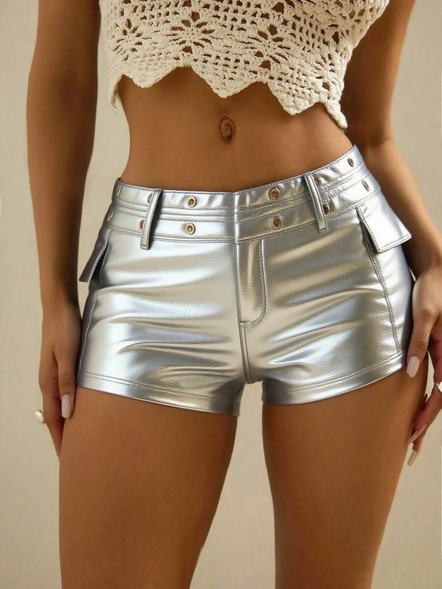 Women's Silver High Waist Eyelet Metal Decor Fashion PU Summer Elastic Tight Shorts, Suitable For Nightclub Parties, Daily Outfits, Concert Music Festival