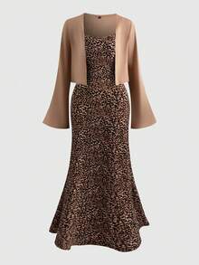 Women's Elegant Solid Color Bell Sleeve Knit Cardigan + Fitted Leopard Print Dress, 2 Pieces Outfit For Valentine's Day, Casual Party - Multicolor - View 3