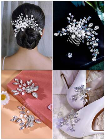 1 Set de Peineta de perlas elegante, Pasador de pelo, Hebilla de zapato, Tocado nupcial, Tacones altos, Clips de zapato desmontables, Accesorios de fotografía para bodas y fiestas
