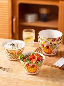 2/4 件陶瓷碗勺套装，南瓜图案餐具，400 毫升/13.5 盎司乡村风格早餐燕麦碗、酸奶碗、沙拉碗、甜点碗，适用于洗碗机、烤箱、微波炉，适用于家庭、厨房、餐厅、派对、宴会、万圣节礼物 - 彩色 - 查看 5