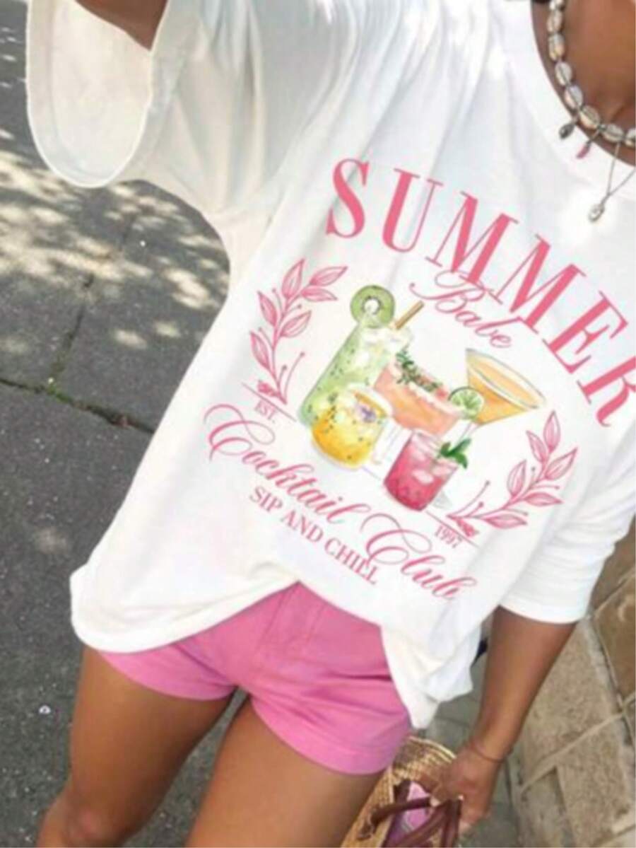 Playera camiseta gráfica dama mujer manga corta cuello redondo básica cómoda fresca ligera fit regular moderna juvenil estampado summer bebidas martini caipirinha tropical margarita letras frase verano - Blanco - Ver 1