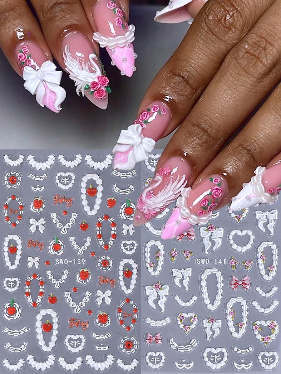 5D Rose Fruit Cream Nail Stickers 2pcs White Pink Rose Flower Strawberry Cherry Bow Sweetheart Chain Glasses Mask Birthday Cake Cream Design DIY Self-Adhesive Gel Polish Charm Manicure Decal Sliders Nail Art Decoration