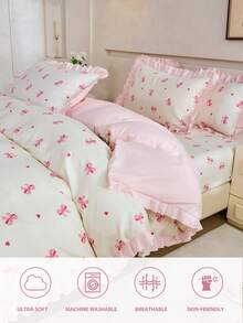 HONEYMOON 2/3pcs Bowknot Print Ruffle Duvet Cover Set (2pcs = 1 Duvet Cover + 1 Pillowcase; 3pcs = 1 Duvet Cover + 2 Pillowcases) - 100% Polyester Fabric, INS Style Print, Soft And Breathable, Wrinkle-Resistant, Machine Washable, Pillowcases Do Not Include Pillow Inserts (No Duvet) - T F Q K Sizes Suitable For Home And School Dorms, Back To School Essential, Oeko-Tex Certified - Multicolor - View 6