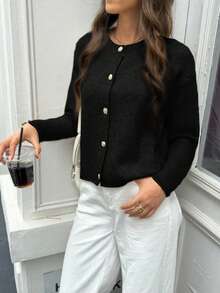 FOR BEAUTY Autumn And Winter New Solid Color Single Breasted Round Neck Ribbed Long Sleeved Knitted Sweater Women's Top, Fashionable, Simple, Gentle, Atmospheric, Slim Fitting Temperament Suitable For Daily Commuting Sweater Coat , Women's Clothing Chic Autumn New Year