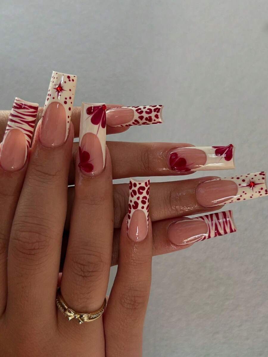 24片/套极简法式美甲中长款甲片，饰以红色花朵、3D水钻和波点图案，可重复使用，包含果冻胶和1个指甲锉，适合办公室女性、休闲约会、下午茶、秋冬季户外活动等场合。 - 彩色 - 查看 1