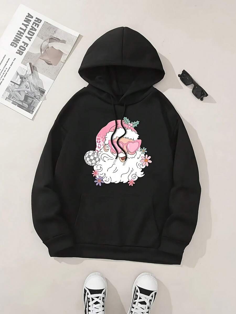 Women's Fashionable Black Hooded Sweater With Santa Claus Pattern Print - Warm Long-Sleeved Pullover, Casual Strap-On Hooded Sports Shirt, Suitable For All Seasons, Casual Pullover Shirt