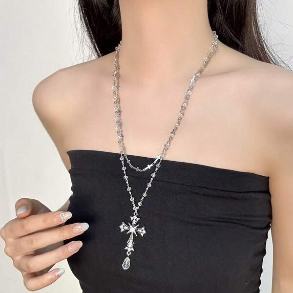 1 Tege Style Alloy Inlaid Cubic Zirconia Crystal Pendant Necklace, Suitable For Women To Wear As A Bohemian Double Layered Cross Necklace, Perfect For Daily Wear, Parties, Dates, Banquets, And Fashionable Jewelry Accessories, Essential For Autumn And Winter Clothing Matching ﻿