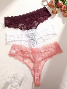 3件装女士蕾丝透气低腰性感丁字裤 - 彩色 - 查看 2