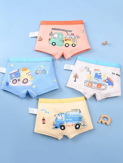 4 件套男童内裤，舒适透气儿童卡通工程车印花平角内裤套装