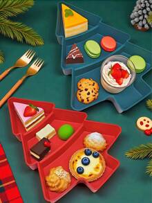 Bandeja multicompartimento con forma de árbol de Navidad para servir frutos secos, aperitivos y dulces, adecuada para servir alimentos, aperitivos, bebidas, sushi, pizza, postres, pasteles y pan, bandeja de desayuno, bandeja de café, bandeja de té, bandeja de delicatessen, menaje de cocina del hogar, bandeja de servir reutilizable con ambiente navideño, 1 pieza