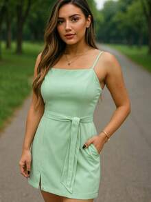 Women's Tailored Dress With Elegant Belt - Short Modern S M L For Party And Evening, Outing - 薄荷綠 - 查看 1