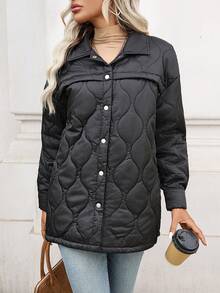 Chaqueta casual de mujer acolchada y cálida con cuello vuelto, botones delanteros y unicolor, con bolsillos de unicolor, botones delanteros y forro térmico para uso diario