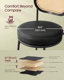 VASAGLE Bar Stools Set Of 2, Bar Height Stools With Rattan Back And Metal Legs, 25.1-Inch Tall Counter Chairs, Modern Leather Upholstered Barstools For Kitchen Island Dining Room - 黑色 - 查看 4