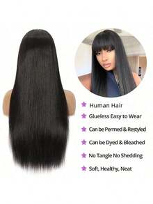 Guleless Wig 38inch Long Silky Straight Wigs With Bangs Full Machine Made Glueless Human Hair Wigs With Bangs Human Hair - Natural Black - 查看 3
