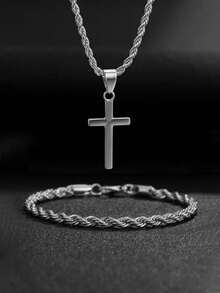 Men's Fashion Business Casual Jewelry Set, Cross Necklace And Bracelet Matching Pair, Perfect Gift For Father's Day, Christmas, Thanksgiving - Multicolor - View 2