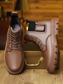 [Special Offer] Men's Faux Leather Mid-Top Combat Boots - Lace-Up Design, Elastic Side Panel & Chunky Lug Sole, Durable Casual Footwear For Daily Wear, Outdoor & Fall/Winter Seasons - 棕色 - 查看 4