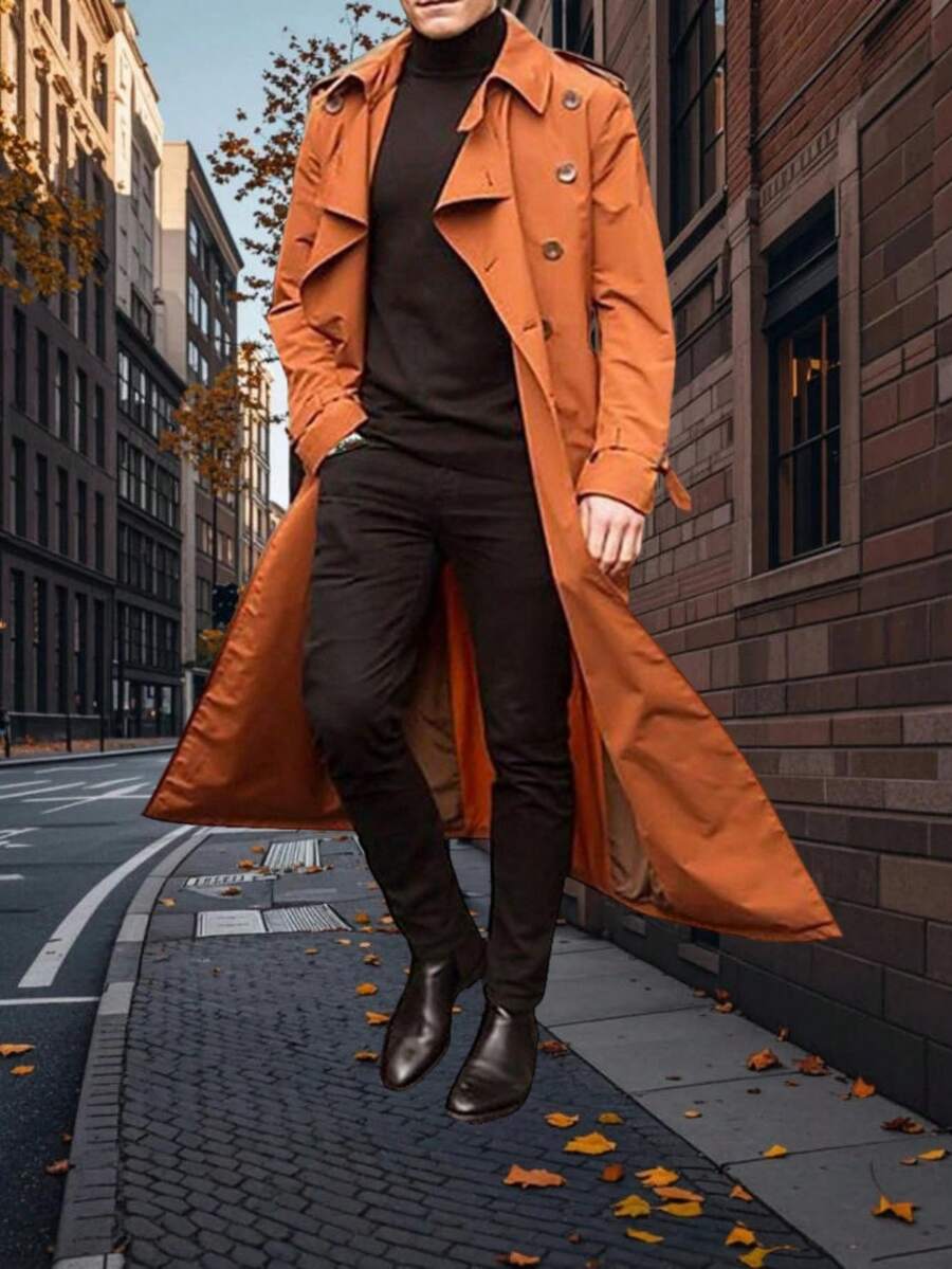 Men's Daily Fashionable Casual Mid-Length Trench Coat, Street Style, Autumn/Winter, For Friends, Husband, Boyfriend Gifts - 橘色 - 查看 1