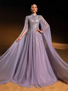 Faeriesty Haute Glamour Gorgeous Sheer Tulle Evening Gown With Cape Sleeves, Intricate Sparkly Beaded & Sequin Linear Geometric Patterns, Fitted Waist & A-Line Skirt | Glamorous Formal Design | Perfect For Red-Carpet Events, Wedding Guest Attire, Proms, And Upscale Evening Parties For Women