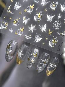 1PC Winter Butterfly Snowflake & Star Moon Nail Sticker, 5D Gold Foil Nail Decal, DIY Casual Daily Nail Art Decorations, Nail Supplies For Women & Girls, Self-Adhesive, Reusable, Perfect For Winter Holiday & Birthday Gifting