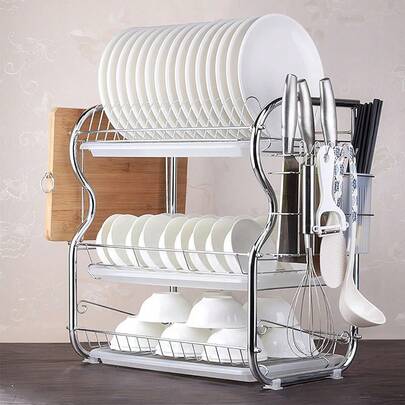 Geschirrständer für die Arbeitsplatte, Edelstahl, dreilagiger multifunktionaler Geschirrständer, Geschirrständer für Küchenbedarf, Abflussständer für die Spüle, Geschirrständer für die Arbeitsplatte