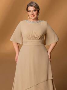 Faeriesty Mosy Plus Mother Of The Bride Dress Featuring Round Neck With Rhinestone Details, Flattering Ruffled Half Sleeves And Gorgeous A-Line Skirt – Perfect For Upscale Evening Galas, Luxurious Family Reunions, Sacred Church Ceremonies, Prestigious Social Events