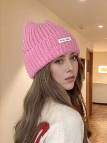1 件女士可爱耳朵设计针织帽，保暖耳朵保护，时尚百搭无檐帽，秋冬
