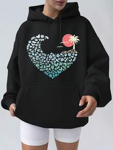 Women's Fashionable Black Hooded Sweater With Heart And Palm Tree Design Pattern Print - Warm Long-Sleeved Pullover, Casual Strap-On Hooded Sports Shirt, Suitable For All Seasons, Casual Pullover Shirt